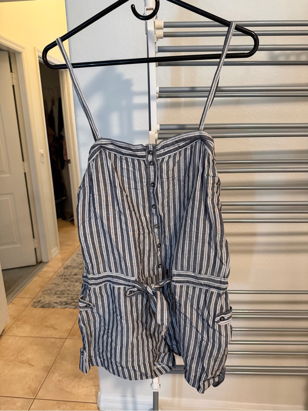 American Rag Striped Button-Front Linen Romper with Tie Waist